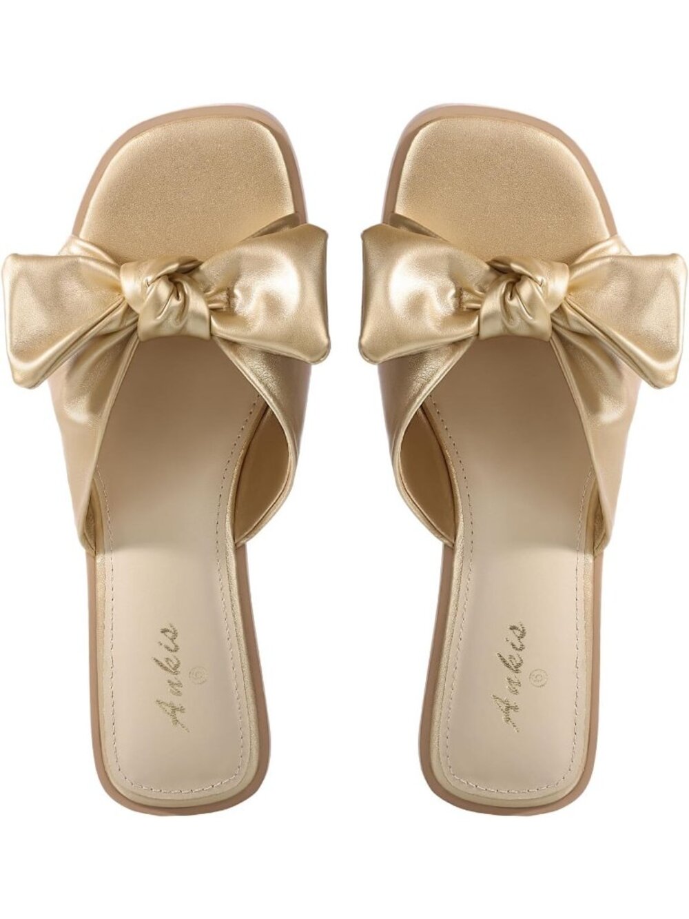 Women's Gold PU Leather Summer Comfortable Bow Flat Square Open Toe Sandals